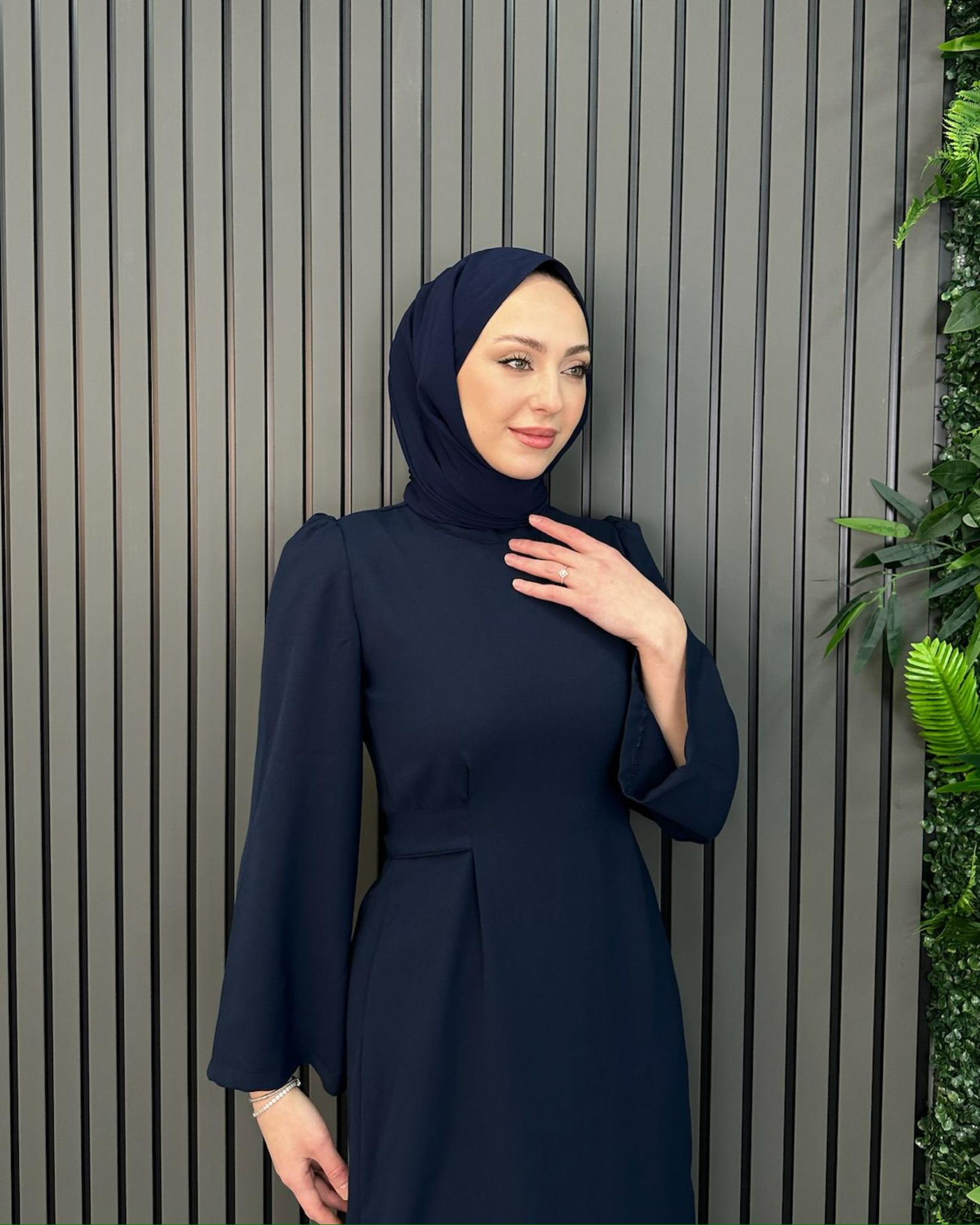 Koyu Lacivert kendinden kemerli elbise - Resim 2