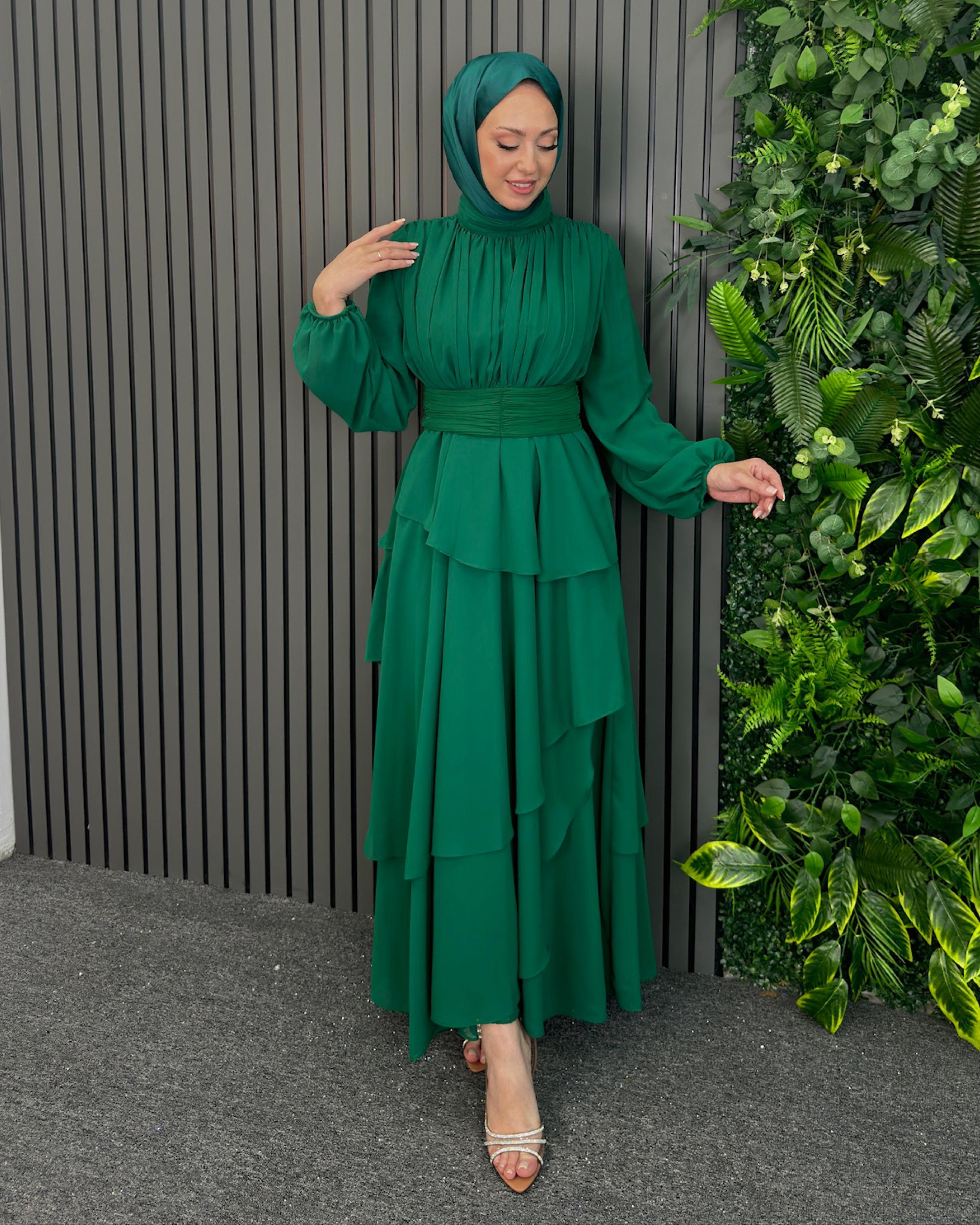 Zümrüt Yeşil Katkat Şifon Elbise Zümrüt Yeşil