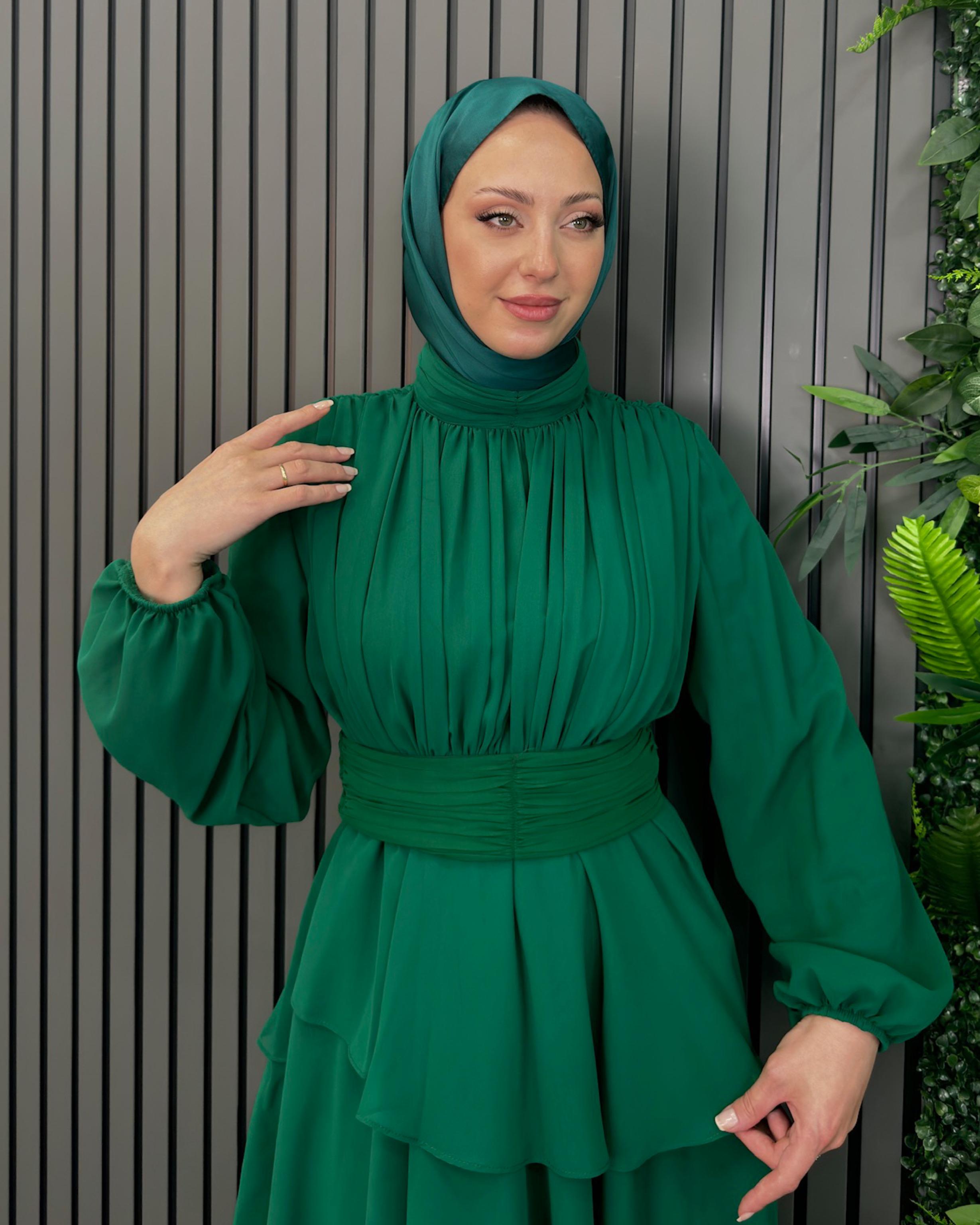 Zümrüt Yeşil Katkat Şifon Elbise Zümrüt Yeşil - Resim 2