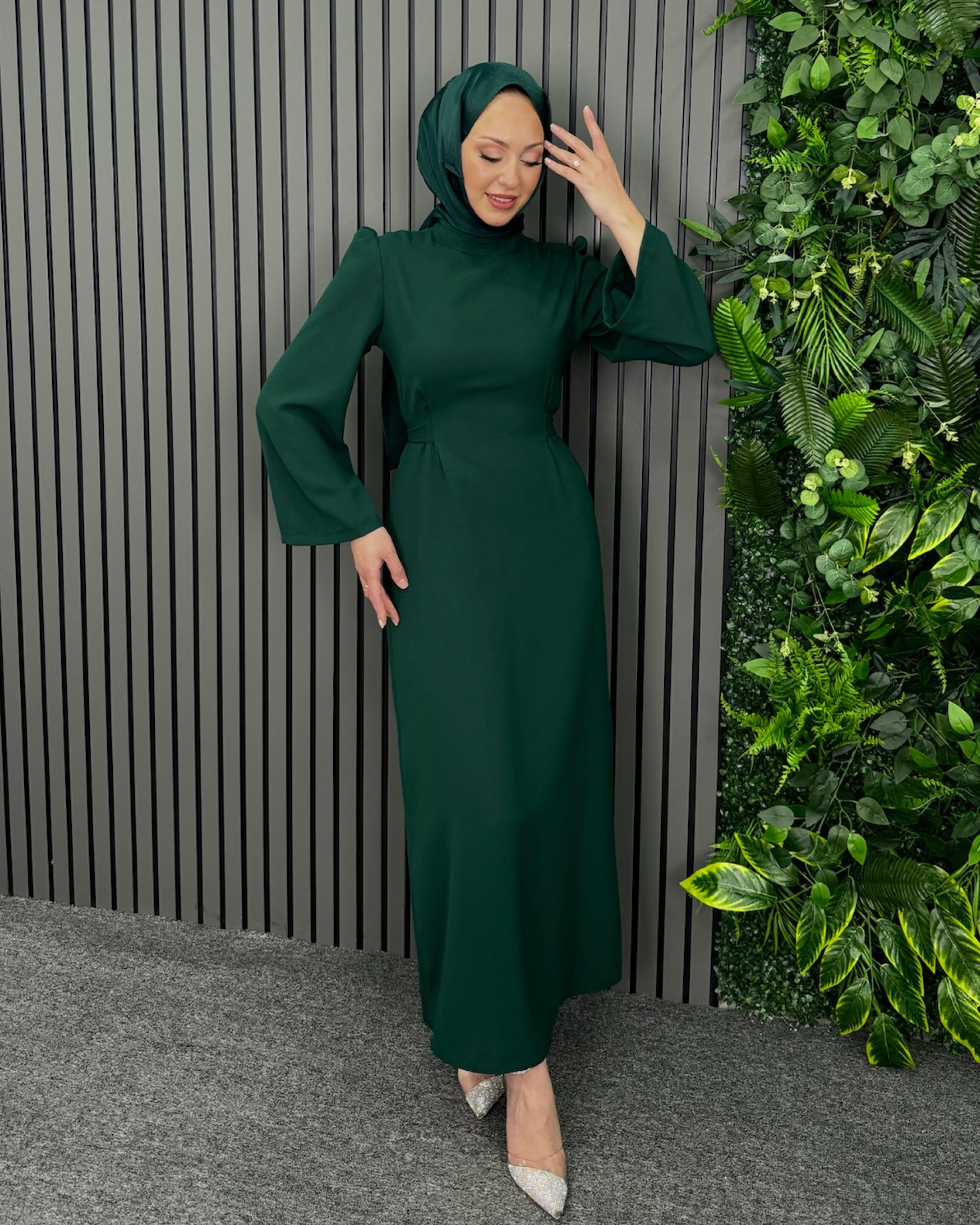 Zümrüt Yeşil Kendinden Kemerli Elbise Zümrüt Yeşil