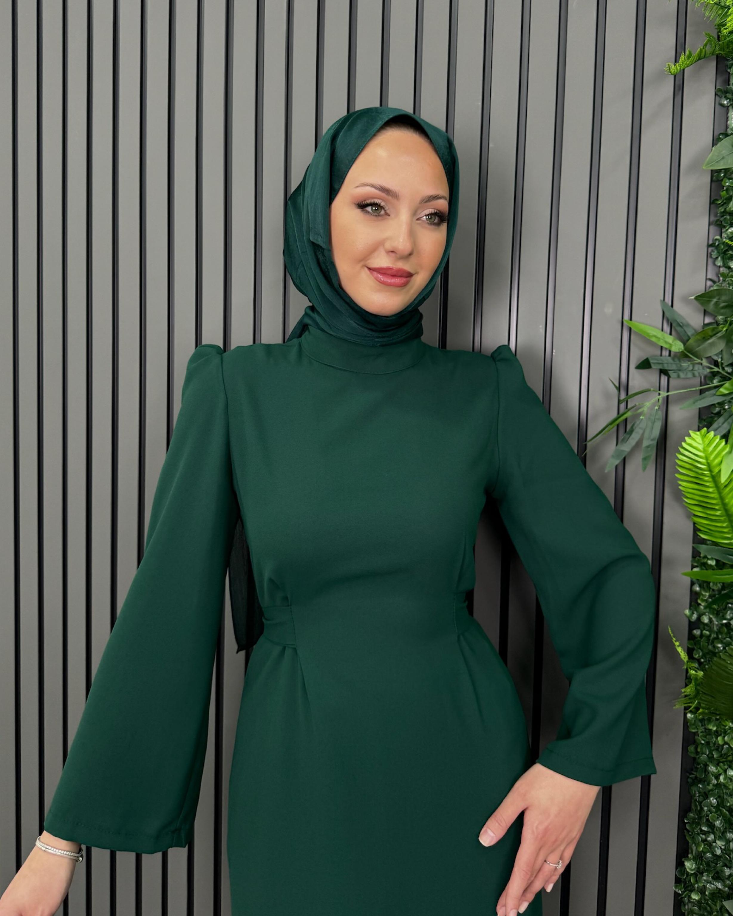 Zümrüt Yeşil Kendinden Kemerli Elbise Zümrüt Yeşil - Resim 2