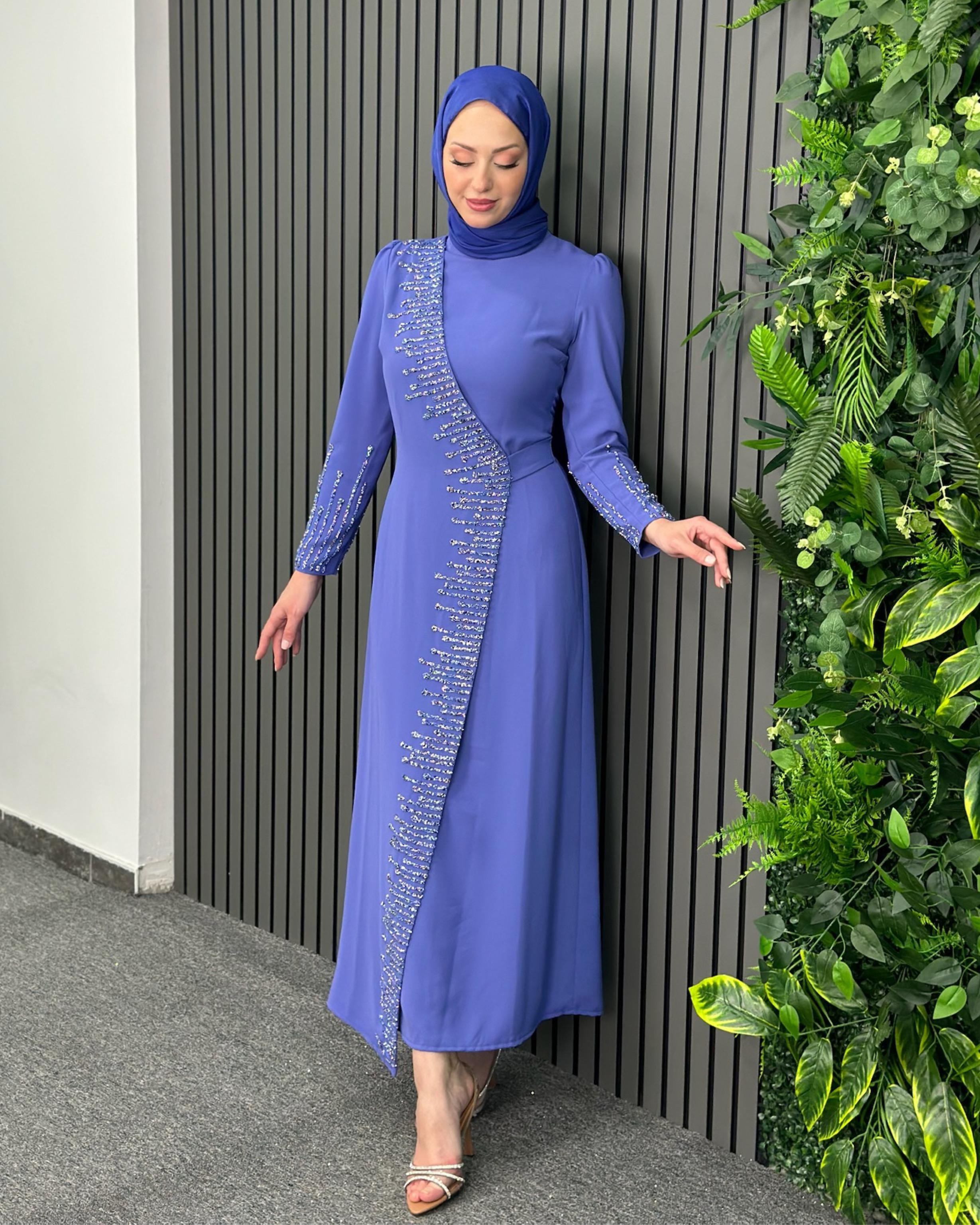 Lila Önü Alerli Taşlı Elbise Lila