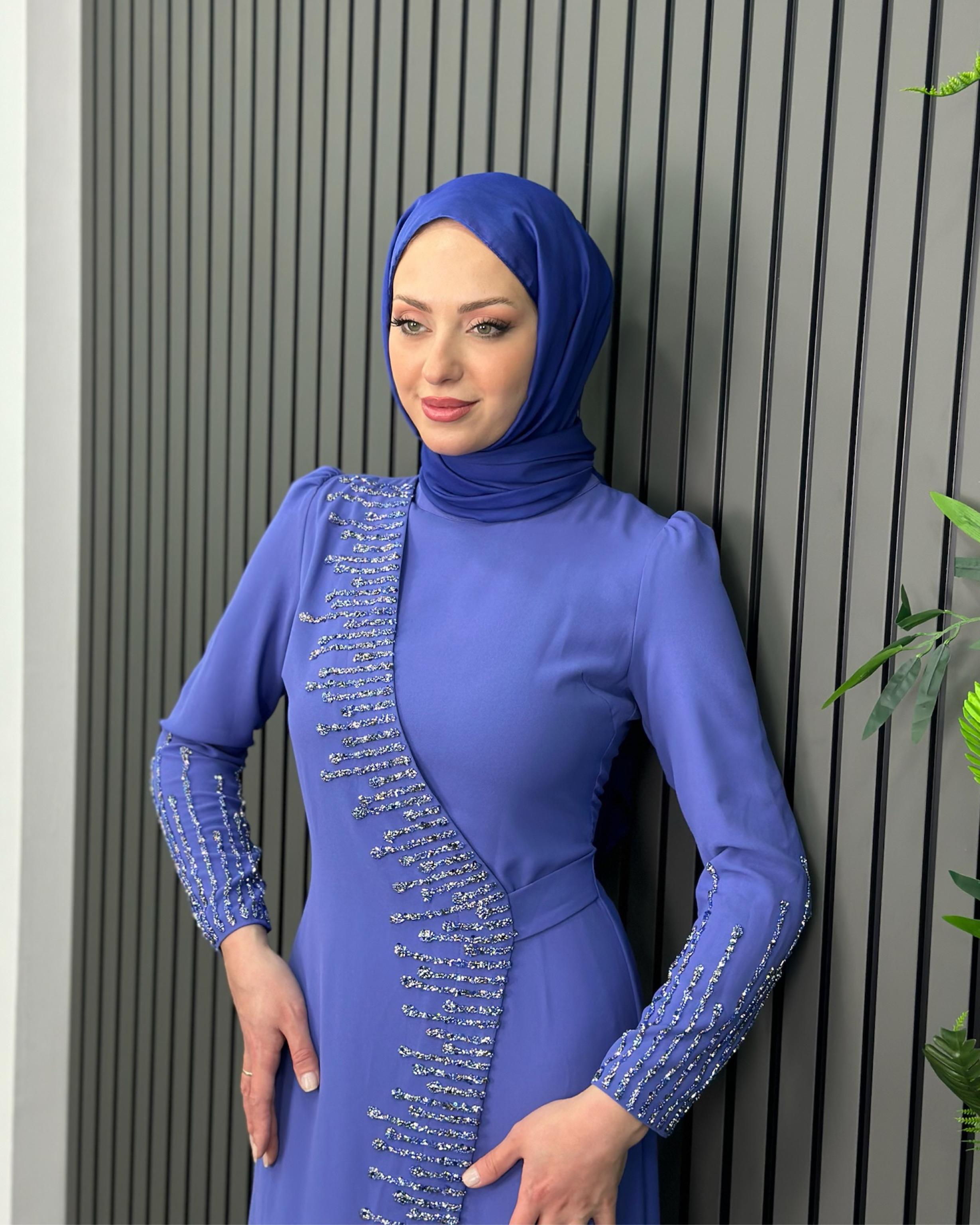 Lila Önü Alerli Taşlı Elbise Lila - Resim 2