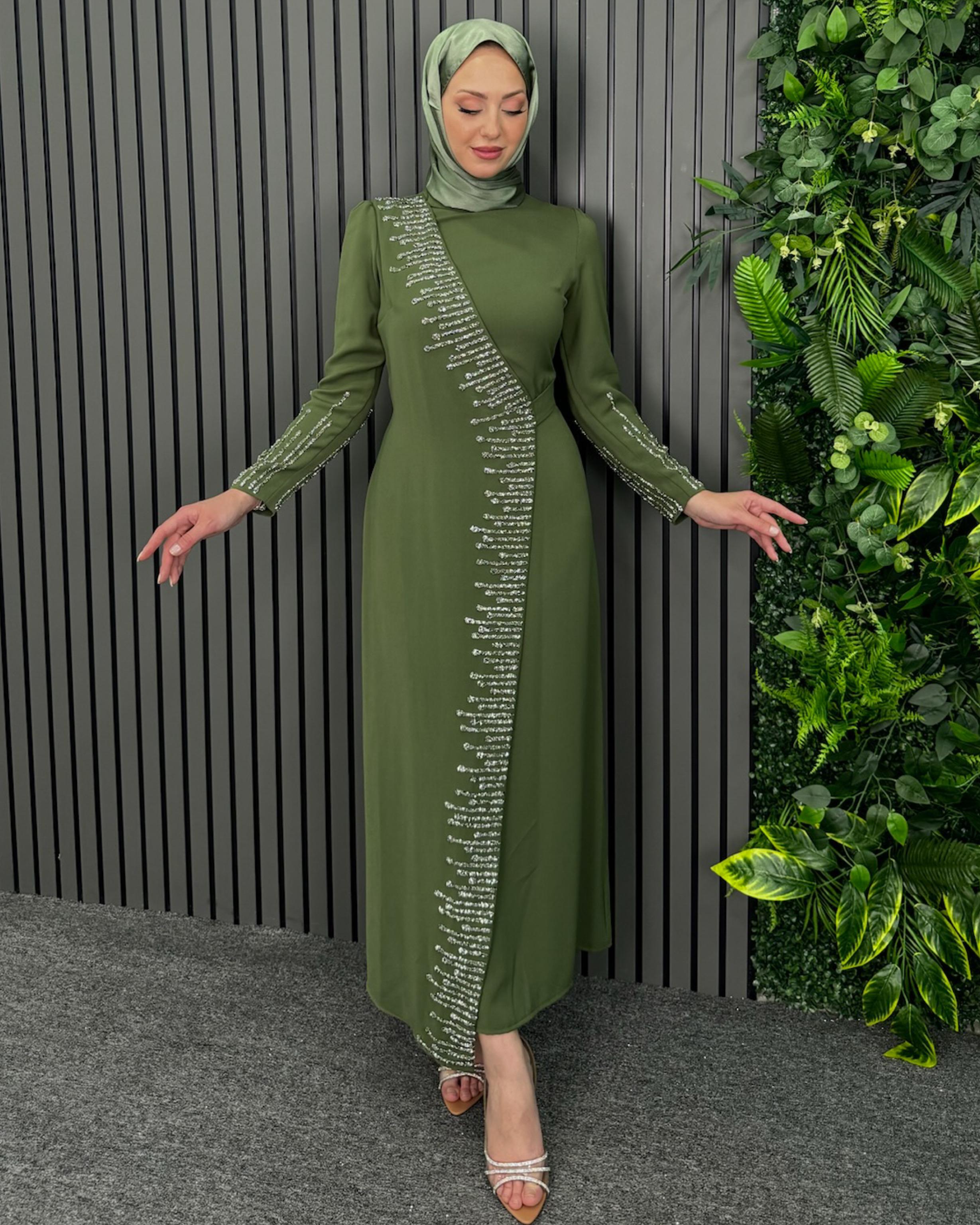 Haki Önü Alerli Taşlı Elbise Haki - Resim 2