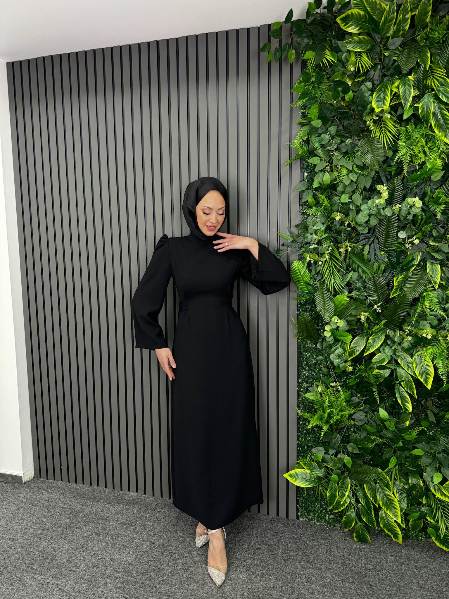 Siyah Siyah Kendinden Kemerli Elbise - Resim 2