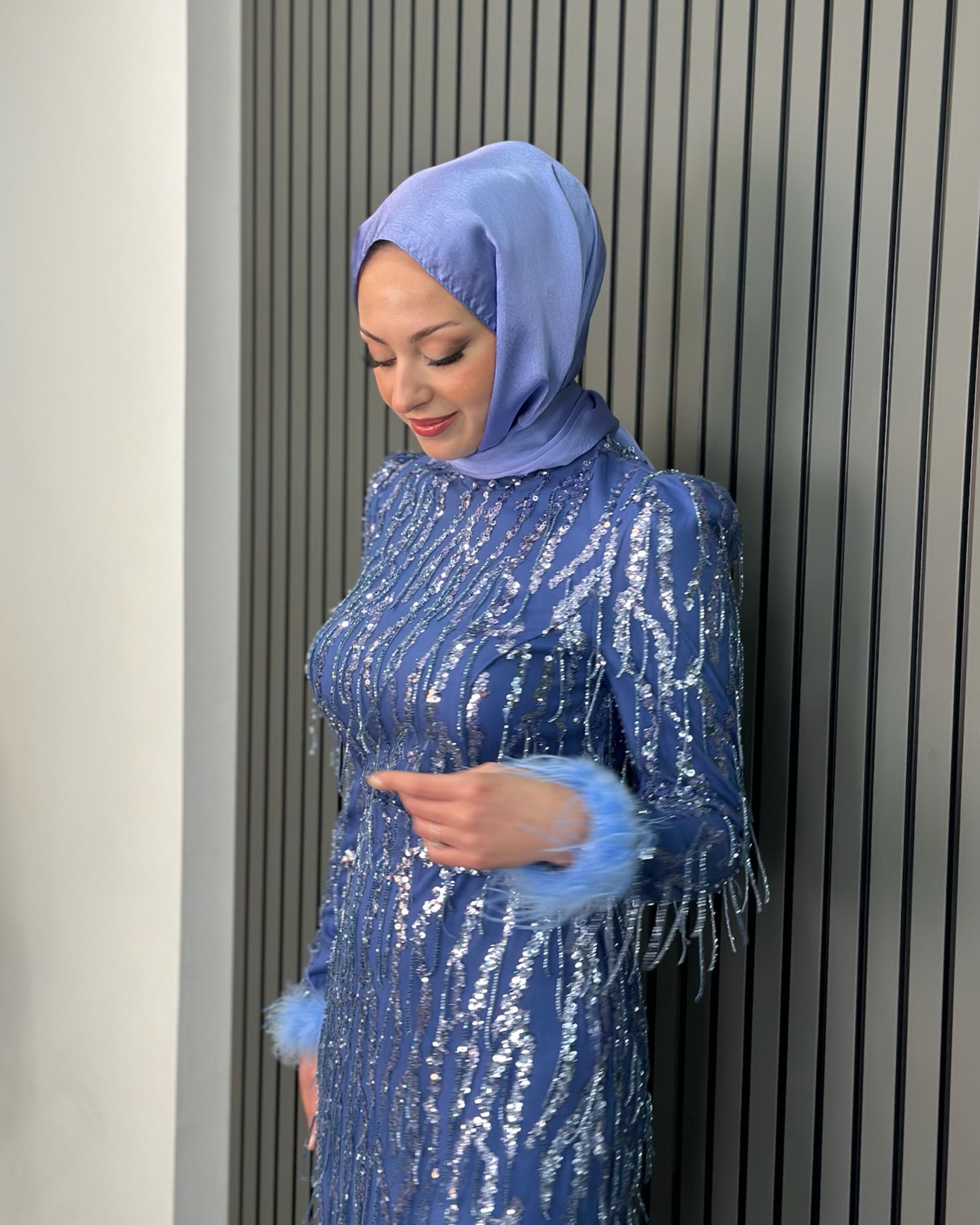 Bebe Mavi Sallantı Boncuk Abiye Bebe Mavi