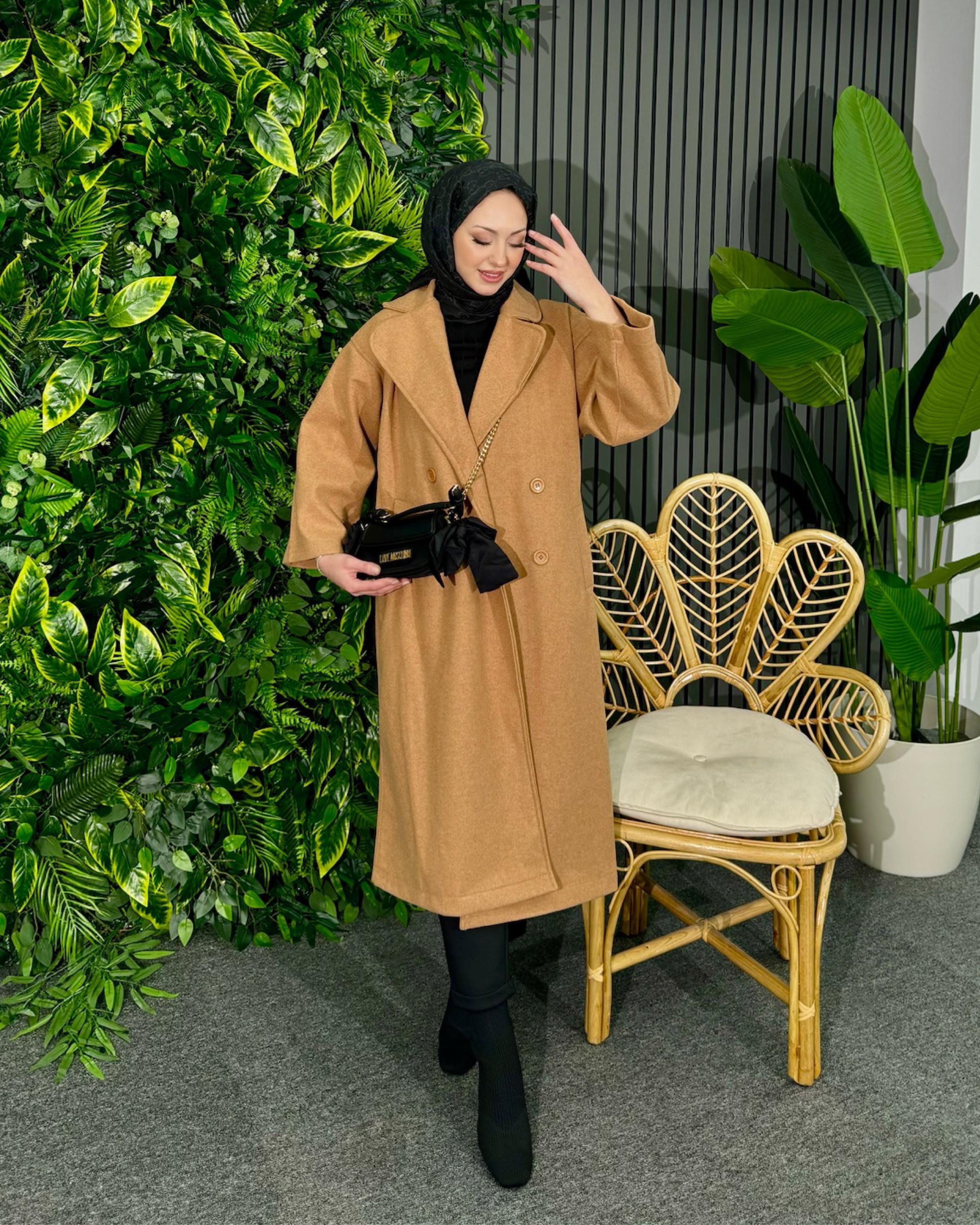 Camel Kruvaze Yaka Kaşe Kaban Camel