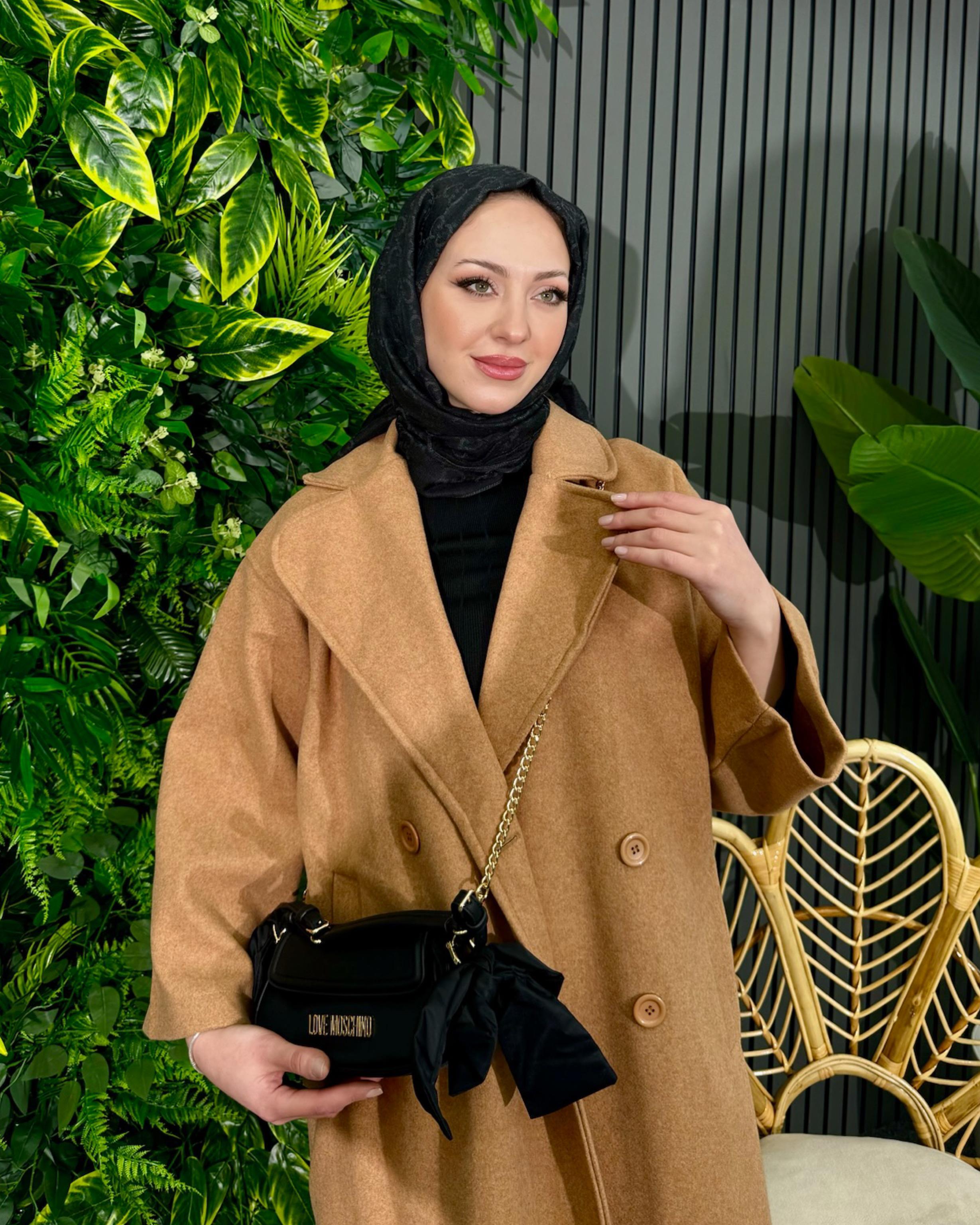 Camel Kruvaze Yaka Kaşe Kaban Camel - Resim 2