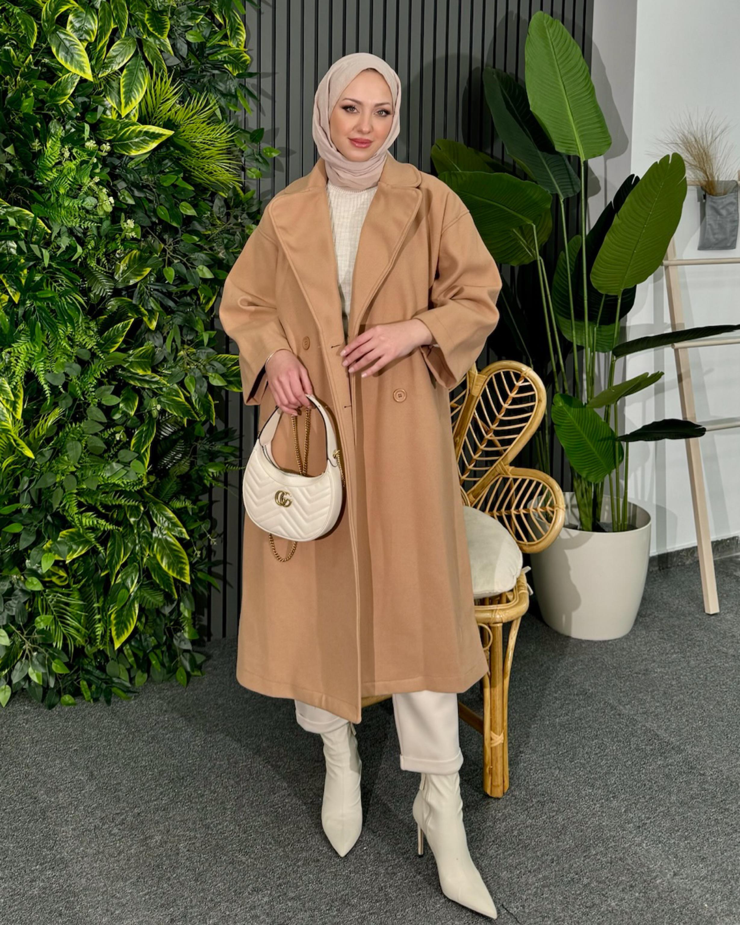 Sütlü Kahve Kruvaze Yaka Kaşe Kaban Sütlü Kahve